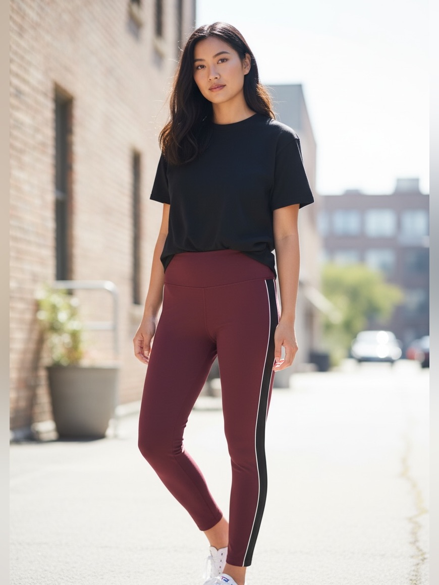 Liverpool Maroon High-Waist Leggings With Black Side Stripe